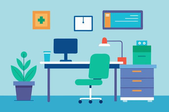 Modern minimalist office desk setup with computer chair and plant