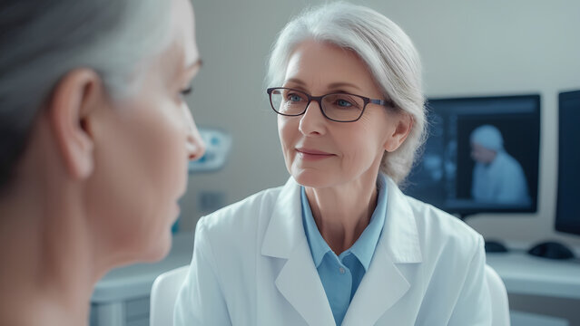 A woman in a white lab coat is talking to another woman