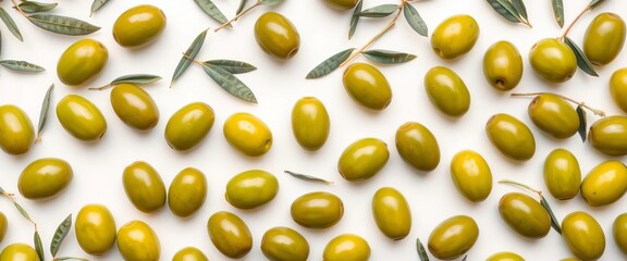 Repeating pattern of green olives on a white background, showcasing various olive shapes and sizes,   elegant,  food