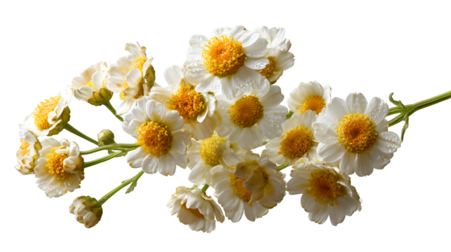feverfew flower cluster isolated PNG on white background for seamless botanical overlays, wedding invitations, scrapbooking, and modern graphic design