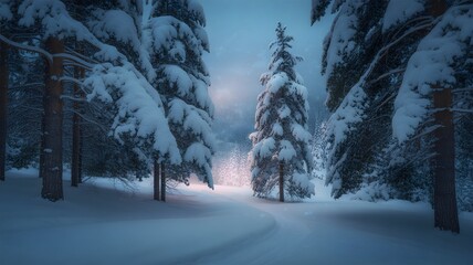 Stunning winter wonderland scene with snow covered trees creating peaceful holiday atmosphere
