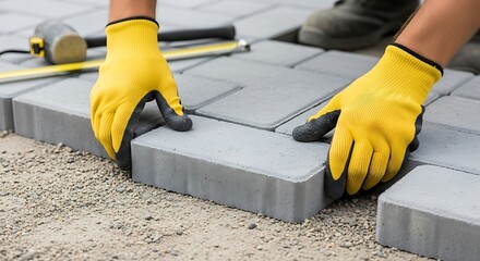 Paving stones being laid by gloved hands laying construction