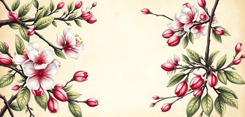 Elegant engraved almond blossom frame, flowering branches, nuts, leaves, vintage floral background,  design element,  artwork