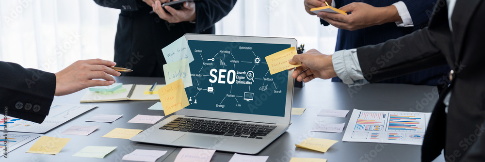 Poster seo search engine optimization for brisk e-commerce and online retail business showing on computer s