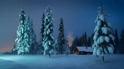 Escape to a cozy winter cabin nestled in a snowy forest under a magical twilight sky for the holidays