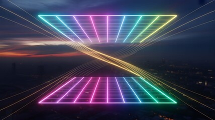 Elevate your brand with this vibrant neon grid design against a stunning skyline sunset background