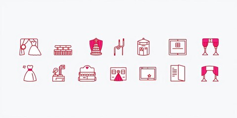 Linear style web icons depicting event planning, including wedding, catering, entertainment, invitations, and coordination,   service,   wedding planning