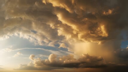 Experience dramatic cloudscape with golden sunlight and rain for impactful nature visuals