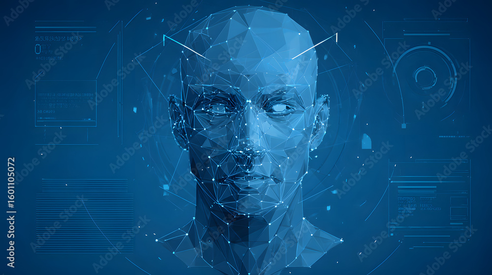 Poster face recognition system concept featuring a low polygon human face scan on a blue template backgroun