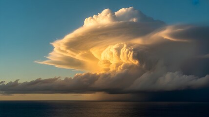 Dramatic cumulonimbus cloud formation over ocean at sunset makes a vibrant and stunning skyscape