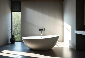 Sleek freestanding bathtub in minimalist bathroom with natural light,   stylish,  shower