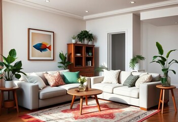 Cozy apartment living room with sofa, framed art, cabinet, and houseplants , isolated, vector