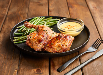 Slow-Roasted Chicken Half with French Beans and Honey Mustard Sauce in plate side view of dinner menus