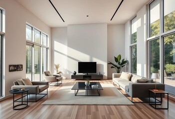Minimalist living room with sleek furniture and large windows, decor, sophisticated