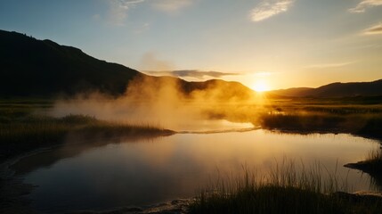 Obraz premium wide landscape view of natural thermal spring in valley, soft steam, untouched nature, early sunrise