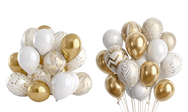  30 gold and white balloons with various designs, party decorations for a birthday or wedding