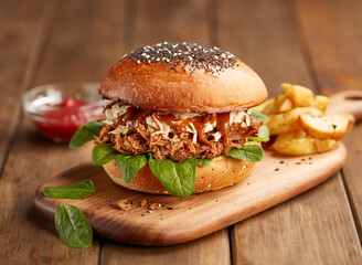 Slow-Cooked Pulled Pork Brioche Burger with Sauerkraut, Potatoes and Signature Sauce on wooden...