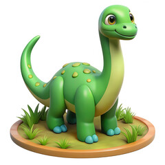 Fototapeta premium Adorable green cartoon brontosaurus dinosaur with yellow spots isolated on transparent background