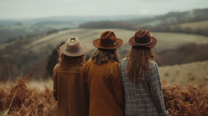 Three friends in hats admire a rolling landscape