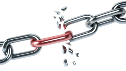 Metallic chain links breaking apart isolated on a transparent background image