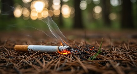 Discarded Cigarette Burning on Pine Needles in Forest - Environmental Pollution, Fire Hazard, Smoking Waste