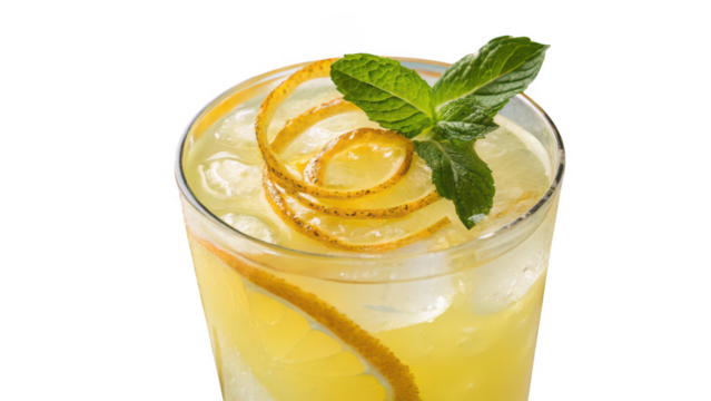 Refreshing lemonade drink with lemon slices and mint garnish isolated on transparent background
