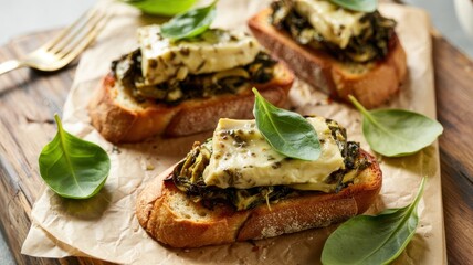 Baked Spinach and Artichoke Toasts.