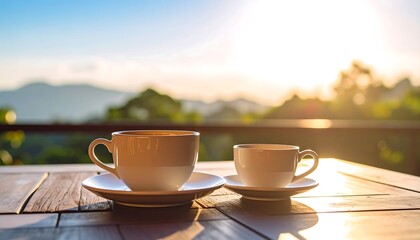 Obraz premium Two white coffee cups on a wooden table, sunrise view