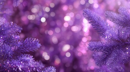 Purple Christmas tree branches with bokeh lights