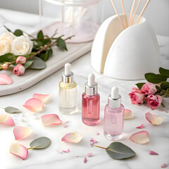 Minimalist glass bottles with rose petals and greenery dropper bottles essential oils
