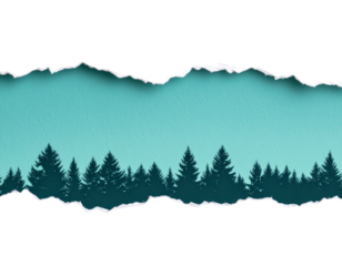 Diagonal Torn Paper Corner Revealing Tree Line Silhouettes on Teal Gradient, Artistic Style, PNG