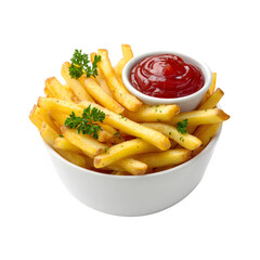 Bowl of golden French fries with ketchup and parsley isolated on transparent background