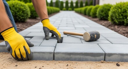 Paving walkway with grey blocks and yellow gloves construction sand