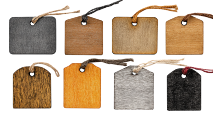 Assorted Wooden Tags with Twine Strings for Crafts and Product Labeling on Transparent Backdrop