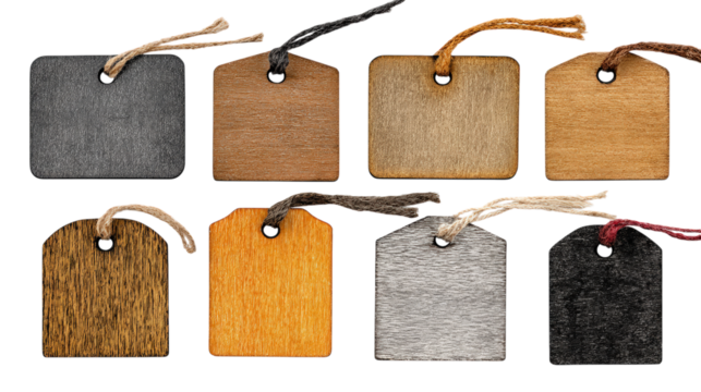 Assorted Wooden Tags with Twine Strings for Crafts and Product Labeling on Transparent Backdrop