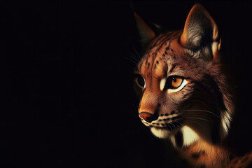 Lynx with golden eyes on a black background, photorealism. Space for text.