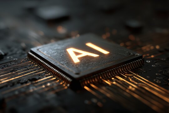 Close-up of a computer chip illuminated with artificial intelligence circuitry glowing in low light conditions