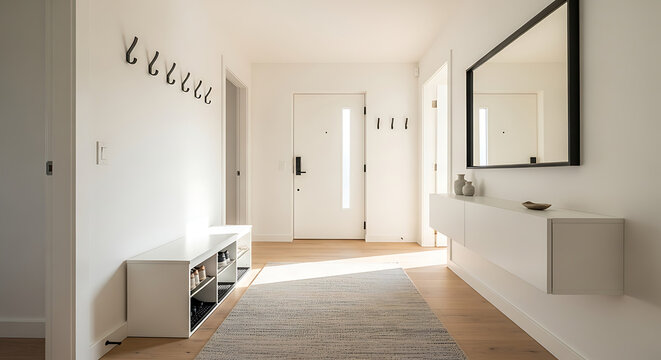 Bright hallway with white walls dark hooks mirror and shoe storage in a modern home interior design ai generated