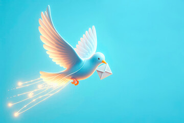 A pigeon with a letter in its beak on a blue background, a symbol of fast mail. Space for text.