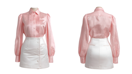 ladies front and back of pink short skirt and blouse designs on the dummy.