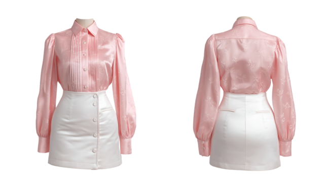 ladies front and back of pink short skirt and blouse designs on the dummy.