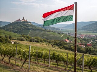 Hungarian Flag Overlooking Vineyards for National Day August 20