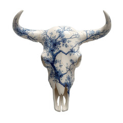 Ceramic Bull Skull with Blue Branches Transparent Background
