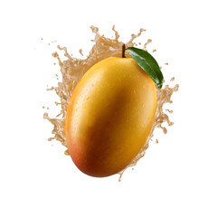 Ripe mango with water splash isolated on transparent background