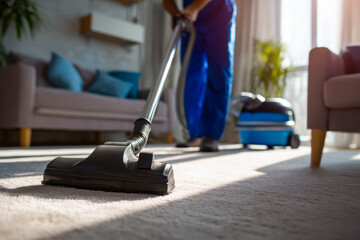 Fototapeta premium Person vacuuming a cozy living room with natural sunlight streaming in