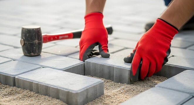 Red gloved hands placing grey pavers paving construction