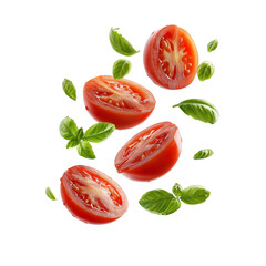 Naklejka premium Sliced tomatoes and basil leaves floating in the air on a white background, flat lay, top view, high-resolution photography, high detail, stock photo, isolated