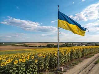 Vibrant Ukrainian Flag Flies Above Golden Sunflowers on National Day 24 August