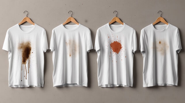 Four white t-shirts displayed on hangers, each featuring unique stains and splatters, showcasing different textures and colors, ideal for fashion design mockups or creative projects