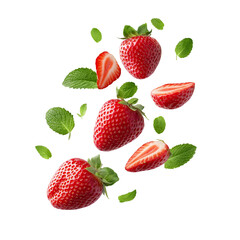 Isolated floating strawberries with green leaves on a white background, with some pieces of strawberry and mint floating in the air. The whole scene is filled with fresh and juicy fruits, creating an 